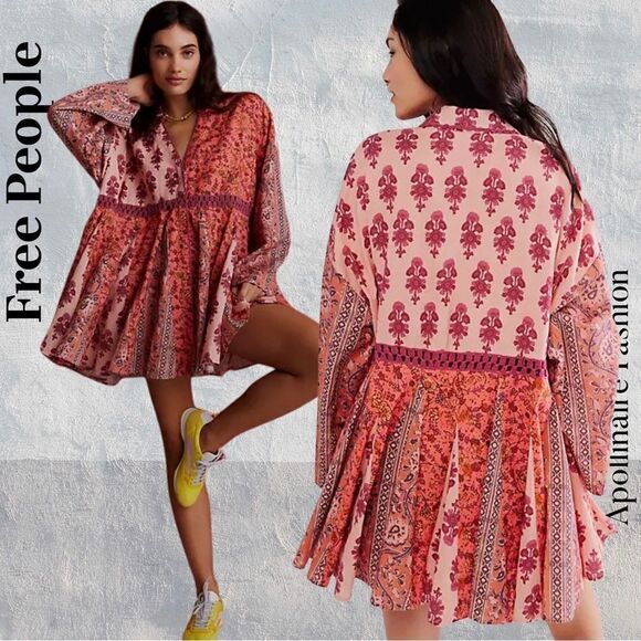 FREE PEOPLE HAZY BABY MINI DRESS IN PINK ROSE COMBO LARGE NWT - Picture 1 of 9